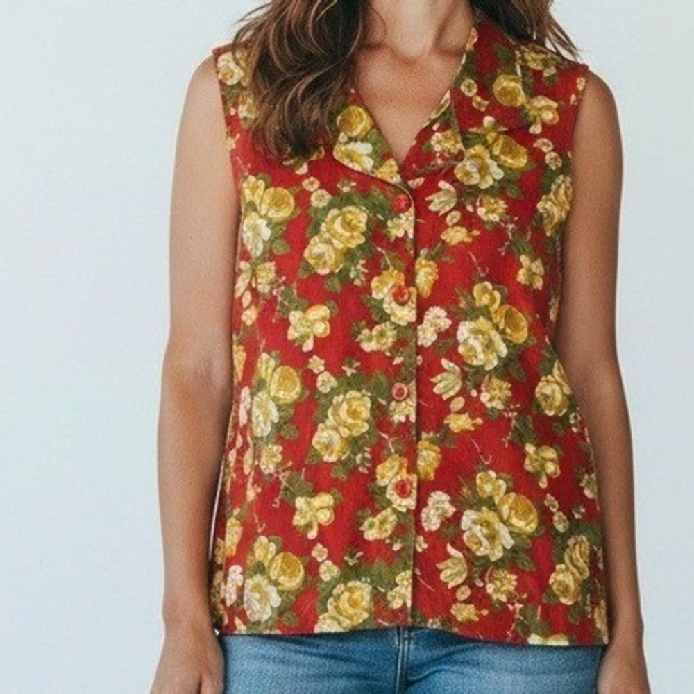 Witt Collection Vintage Red Floral Rose Sleeveless Button Down Top Size 10